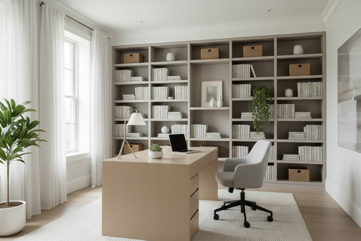 Elegant Home Office with Curtains and Plants