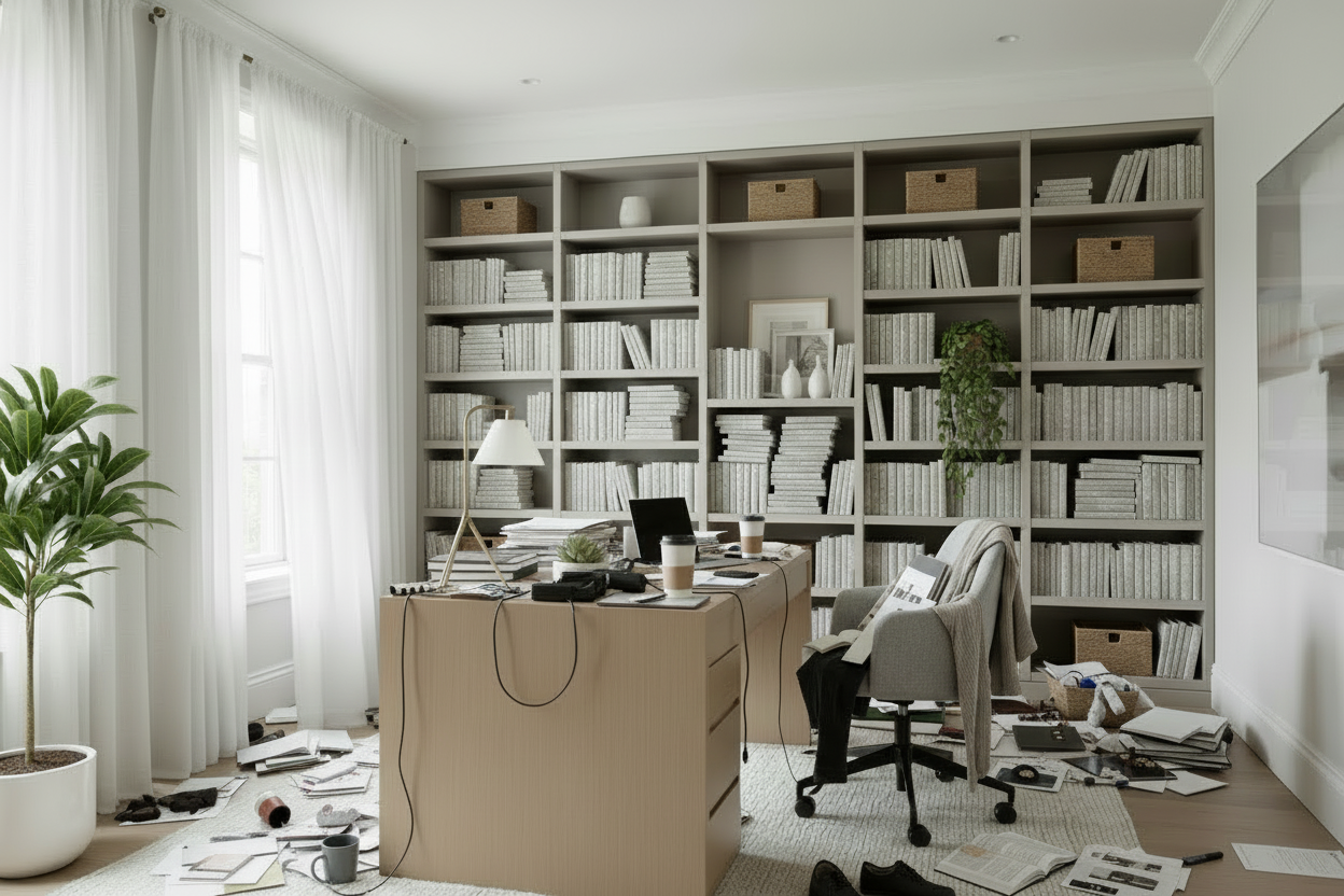 Unorganized Home Office with Messy Shelves